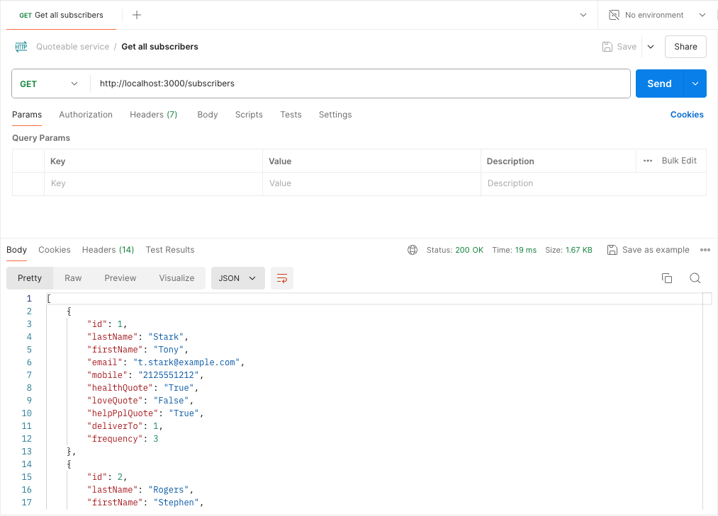 The first call to the Quoteable Service in Postman
